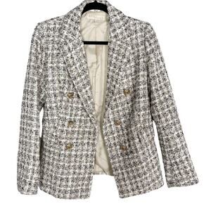 One Third Small S Black White Tweed Blazer Gold Buttons Jacket Cream Career Work